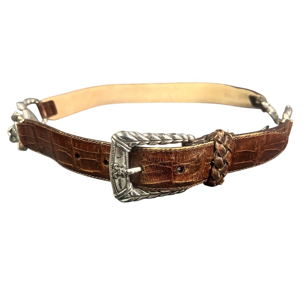 Vintage Brighton Brown Croc Embossed Leather Horse Bit Belt Silver Buckle L USA